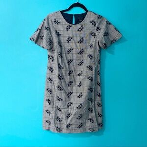 Ann Taylor 0 Navy Blue Plaid Floral Cut Out Short Sleeve A-Line Dress